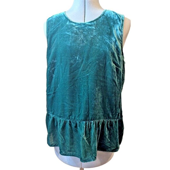 J. Crew‎ Green Velvet Sleeveless Top Peplum Hem Women's Size 10 - Picture 1 of 5